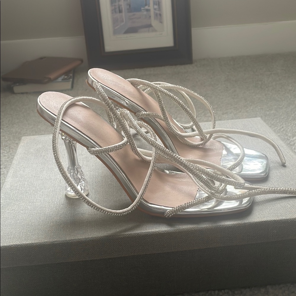 Glamorous Silver Stiletto Heels With Strappy Desi… - image 1